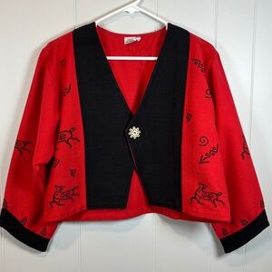 Artsy Vintage Red Crop Jacket Bolero sz L w/ Black Animal & Line Drawings Boho